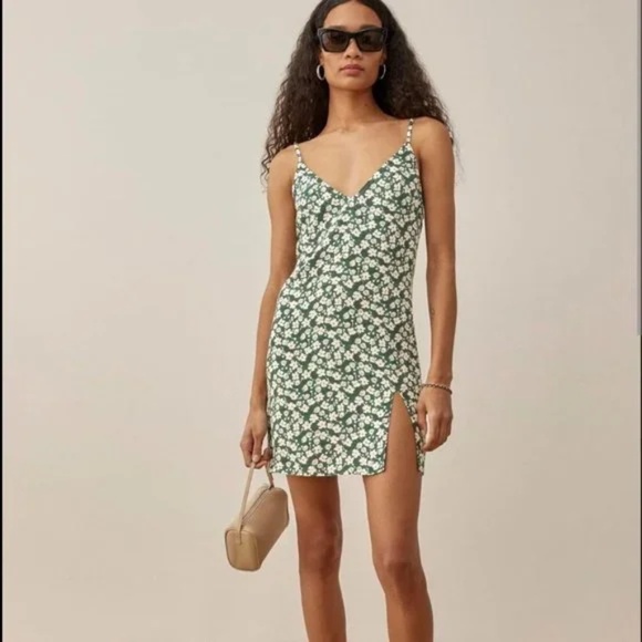 Reformation Marlowe Slip Mini Dress Green Floral - Picture 2 of 9